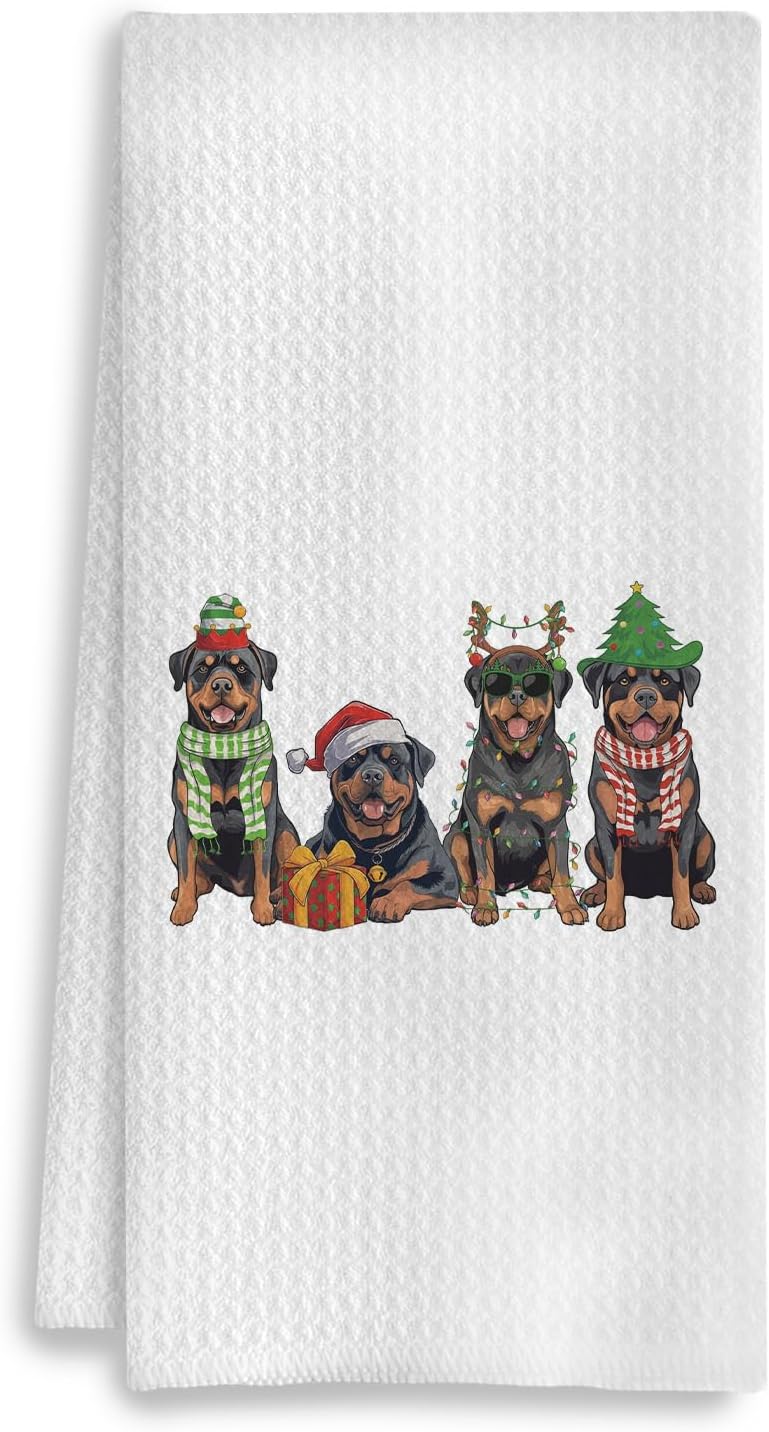 COWEB Christmas Rottweiler Kitchen Towels, Rottweiler Gifts for Women, Rottweiler Decor Hand Towels for Bathroom, Christmas Tea Towels Dish Towels, Christmas Kitchen Bathroom Decor, 16x24 Inch - Image 1